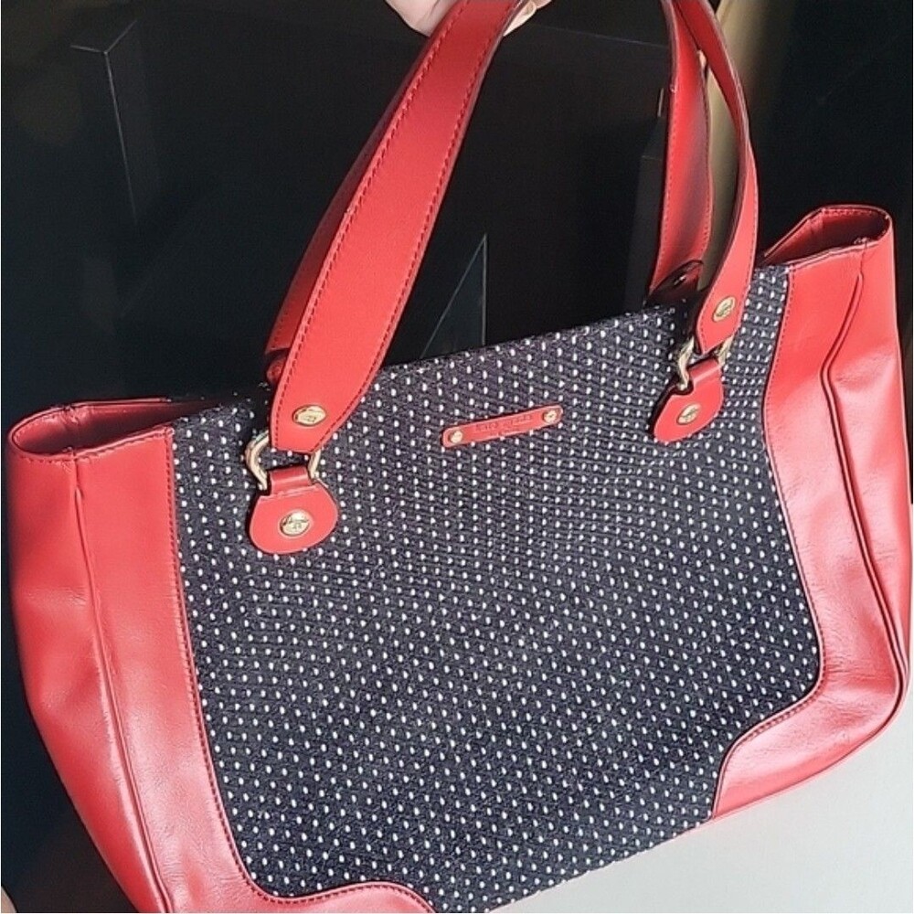 Kate spade wool handbag Black White Polka Dot Wool And Red Leather RARE VINTAGE